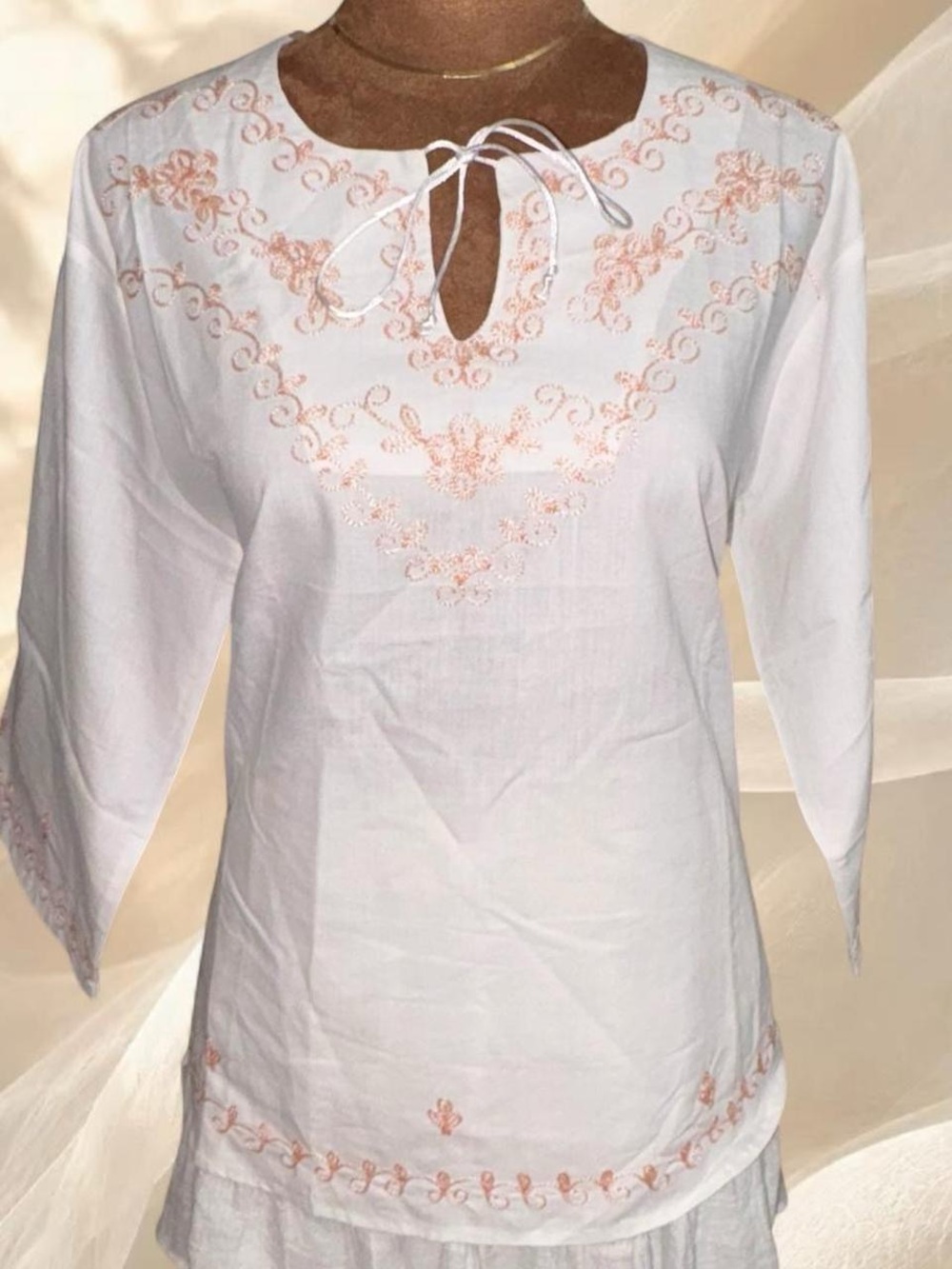 White Boho Tunic Blouse with Coral Floral Embroidery - M
